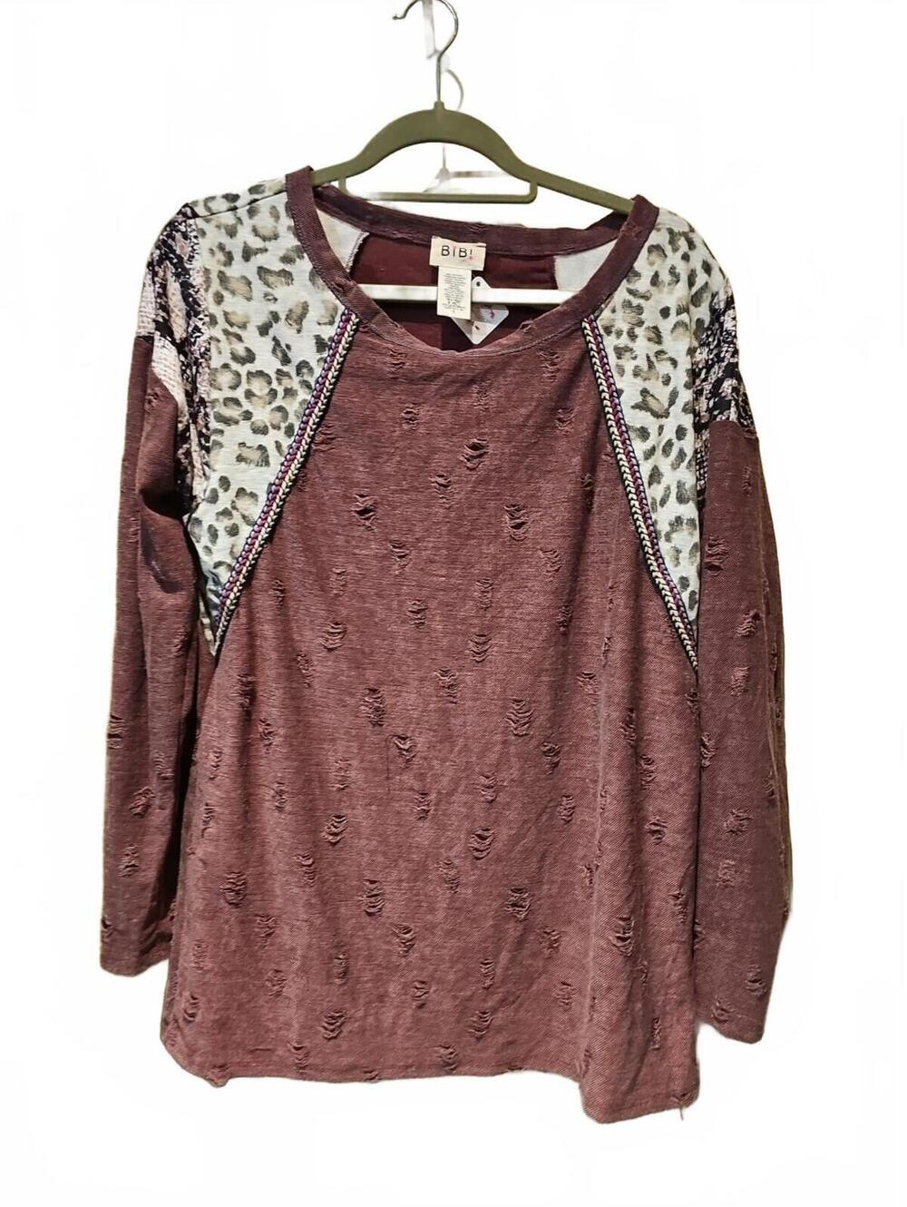 BiBi Womens Long Sleeve Patchwork Boat Neck Cut Outs Animal Prints Top S,M,XL